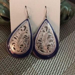 Navy Blue And Silver Filigree Earrings